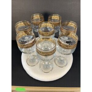 Vintage Stolzle Crystal Wine Goblet Glasses Gold Trim and White Band, Set of 8